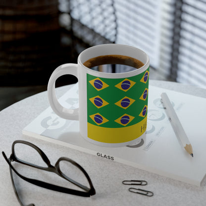 Personalized Brazil Flag Mug, Custom Brazilian Heritage Coffee Cup, 20oz Ceramic Mug, Green Yellow Blue Flag Pattern, Brazil Gift