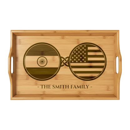 India Indian American Custom Engraved Bamboo Serving Tray, Personalized Name Wooden Valet Tray, America USA Dual Heritage Ottoman Gift