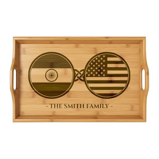 India Indian American Custom Engraved Bamboo Serving Tray, Personalized Name Wooden Valet Tray, America USA Dual Heritage Ottoman Gift