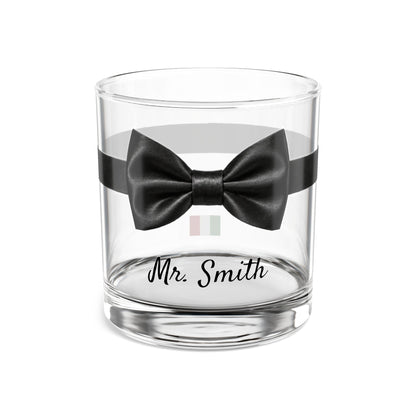Personalized Destination Wedding Rocks Glass, Custom Black Bow Tie Mr Groom Cocktail Glass, 10oz Whiskey Tumbler, Flag, Husband Wedding Gift
