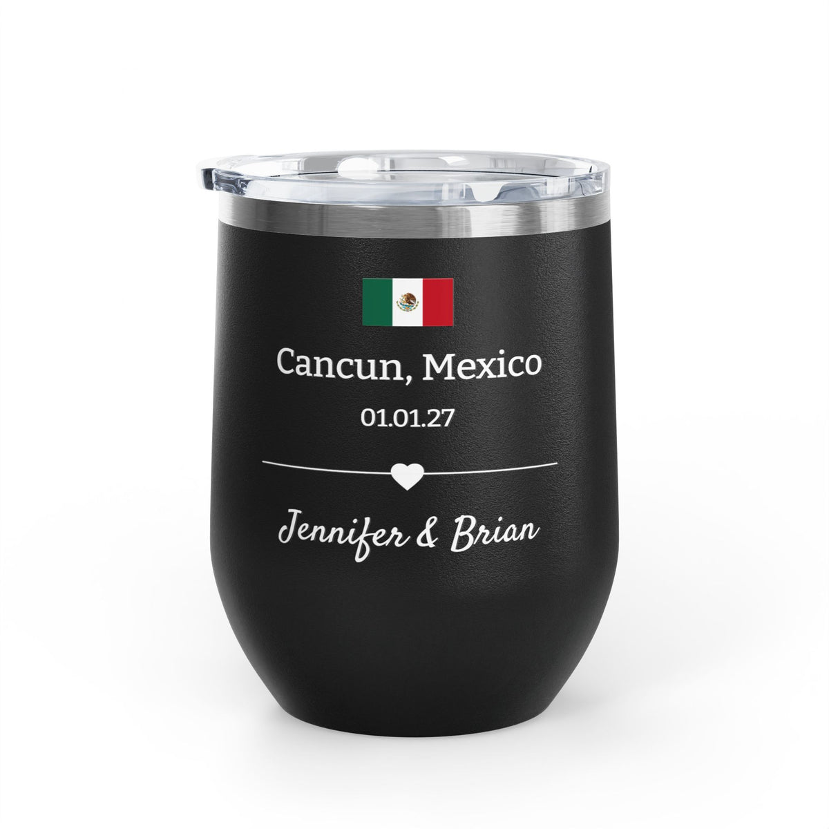 Personalized Destination Wedding Wine Tumbler 12oz, Custom Bride & Groom Cup Wedding Location Flag, Date and Names, Newlywed Gift