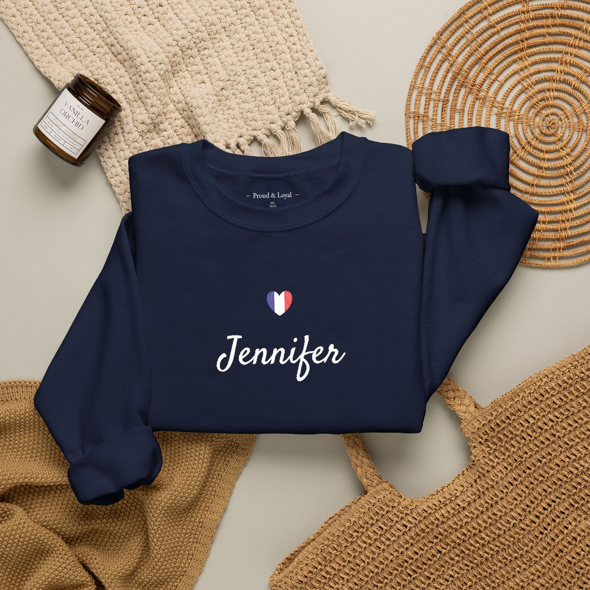 Embroidered Personalized Name & Country Flag Heart Sweatshirt, Custom USA Canada Australia UK Italy France Ireland Germany Jamaica Nigeria