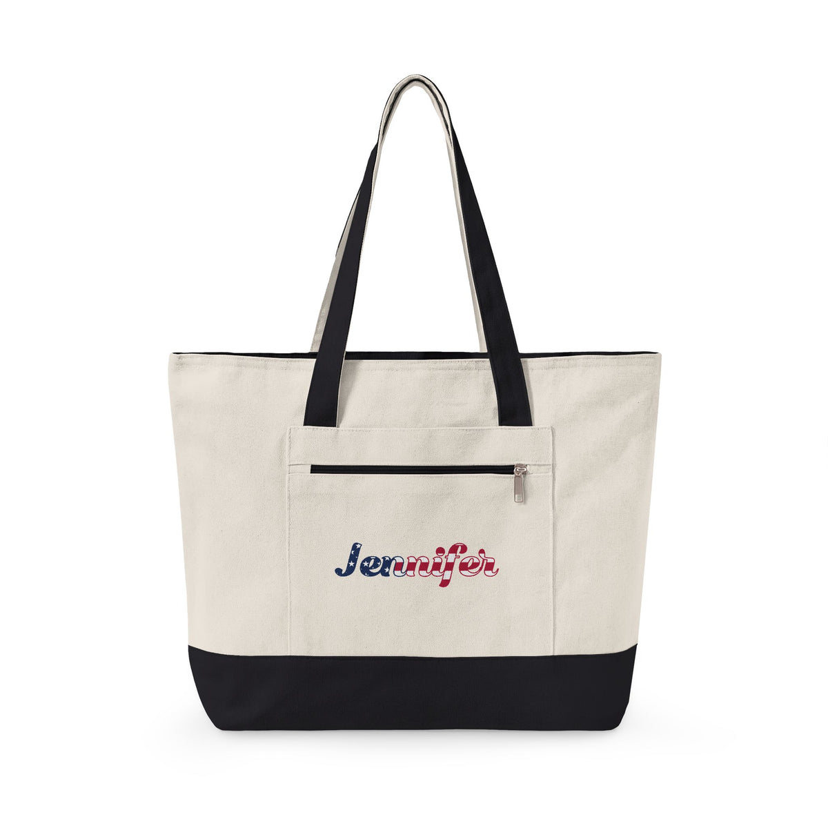 Personalized Your Name in American Flag Letters Canvas Tote Bag, Custom Name USA Flag, Zippered Cotton Bag, Patriotic American Heritage