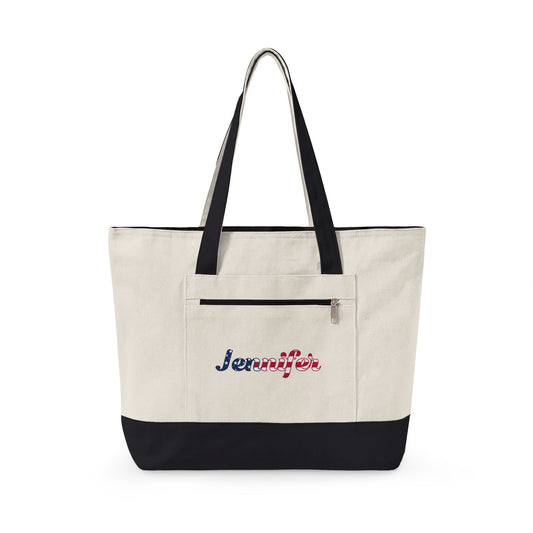 Personalized Your Name in American Flag Letters Canvas Tote Bag, Custom Name USA Flag, Zippered Cotton Bag, Patriotic American Heritage