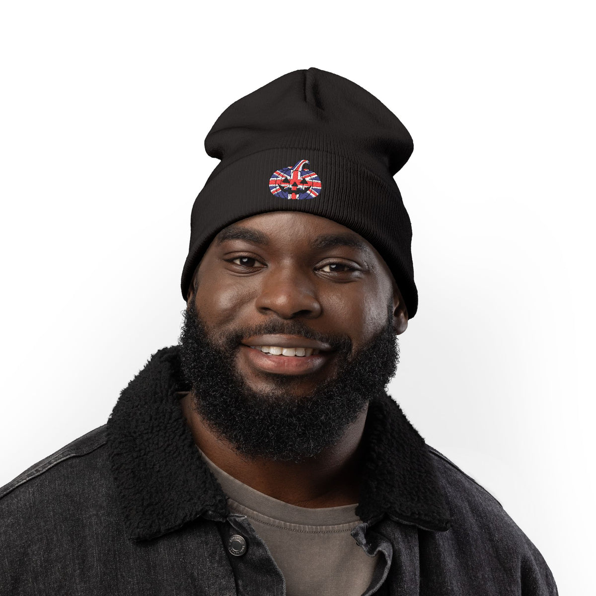 Limited Edition British UK Flag Pumpkin Embroidered Halloween Beanie, Cotton Blend Knit Hat, Union Jack Halloween Gift