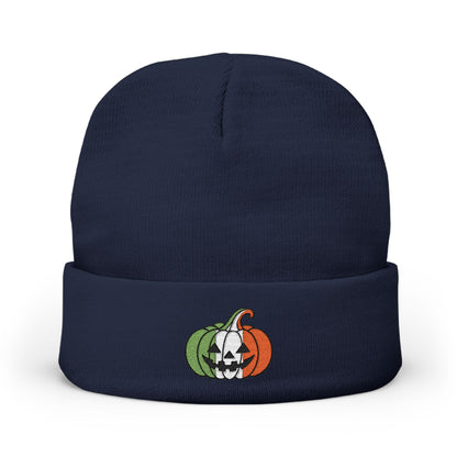 Limited Edition Irish Ireland Flag Pumpkin Embroidered Halloween Beanie, Cotton Blend Knit Hat, Irish Heritage Halloween Gift