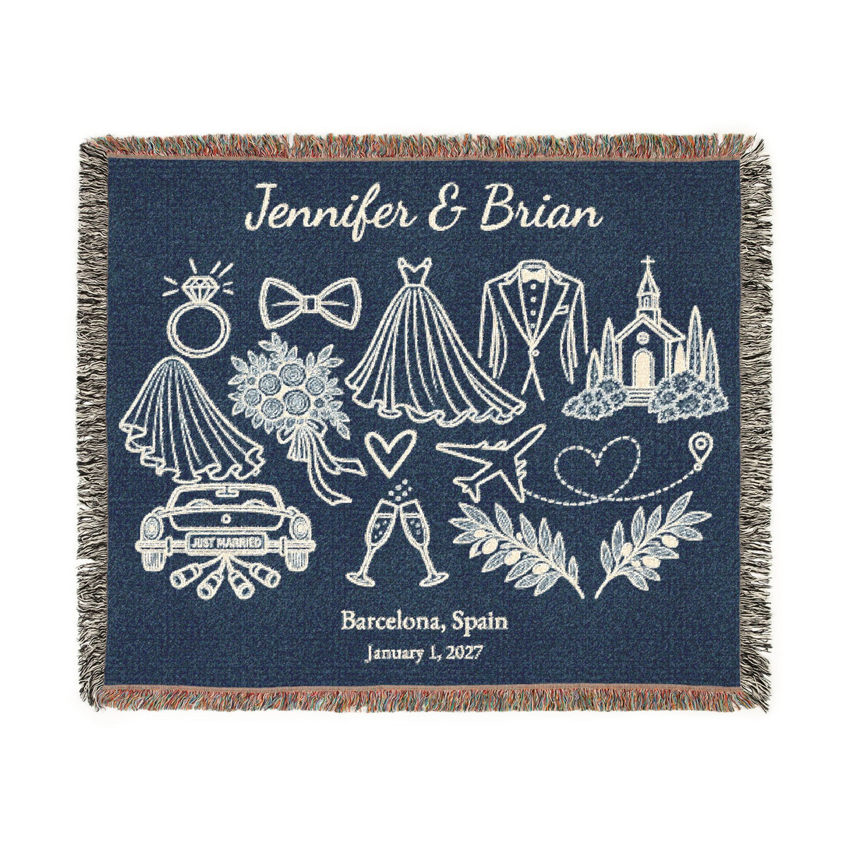 Something Blue Destination Wedding Woven Blanket, Personalized Couple Names, Custom Wedding Date & Location 60x50 Cotton Throw Newlywed Gift