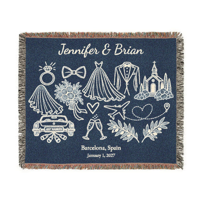 Something Blue Destination Wedding Woven Blanket, Personalized Couple Names, Custom Wedding Date & Location 60x50 Cotton Throw Newlywed Gift