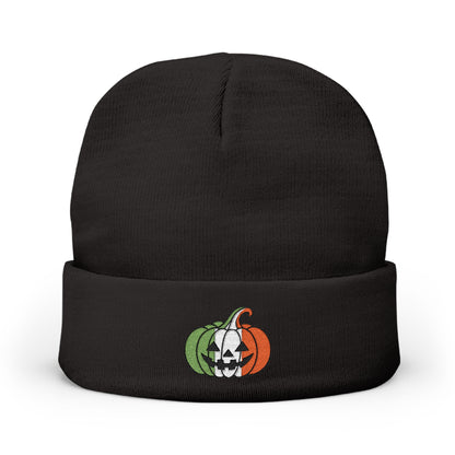 Limited Edition Irish Ireland Flag Pumpkin Embroidered Halloween Beanie, Cotton Blend Knit Hat, Irish Heritage Halloween Gift