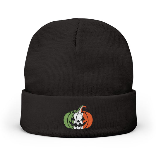 Limited Edition Irish Ireland Flag Pumpkin Embroidered Halloween Beanie, Cotton Blend Knit Hat, Irish Heritage Halloween Gift