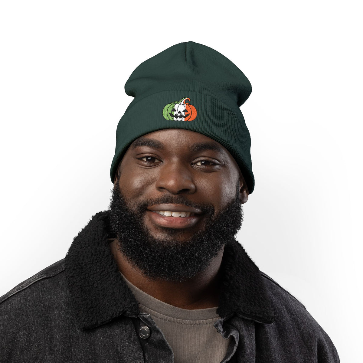 Limited Edition Irish Ireland Flag Pumpkin Embroidered Halloween Beanie, Cotton Blend Knit Hat, Irish Heritage Halloween Gift