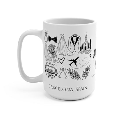 Personalized Destination Wedding Mug 15oz, Custom Mr & Mrs Coffee Cup, Wedding Date and Country Flag, Gold Wedding Rings, Newlywed Gift