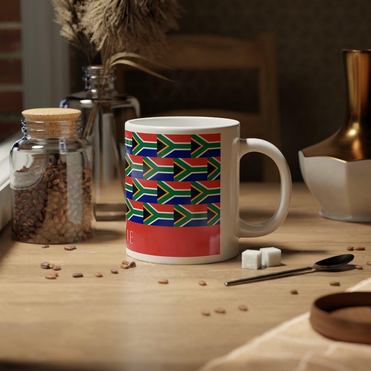 Personalized South Africa Flag Mug, Custom South African Heritage Coffee Cup, 20oz Ceramic Mug, Rainbow Nation Flag Pattern, South Africa