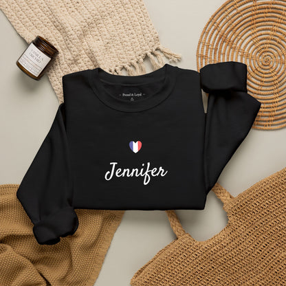 Embroidered Personalized Name & Country Flag Heart Sweatshirt, Custom USA Canada Australia UK Italy France Ireland Germany Jamaica Nigeria