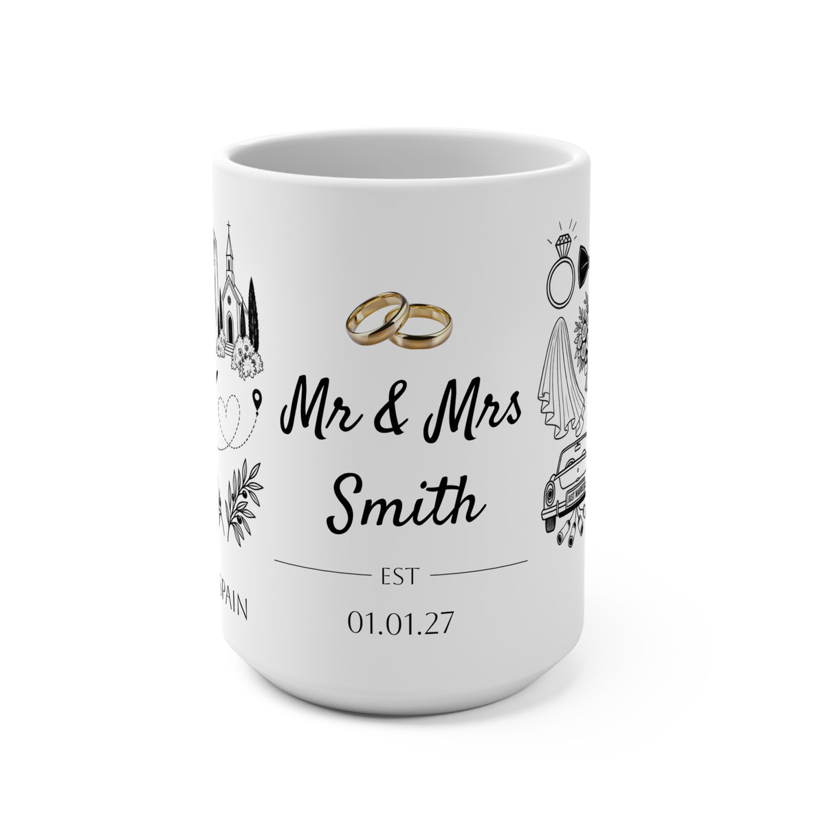 Personalized Destination Wedding Mug 15oz, Custom Mr & Mrs Coffee Cup, Wedding Date and Country Flag, Gold Wedding Rings, Newlywed Gift