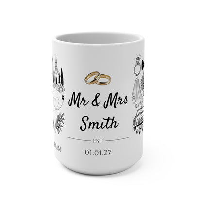 Personalized Destination Wedding Mug 15oz, Custom Mr & Mrs Coffee Cup, Wedding Date and Country Flag, Gold Wedding Rings, Newlywed Gift