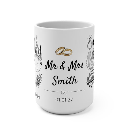 Personalized Destination Wedding Mug 15oz, Custom Mr & Mrs Coffee Cup, Wedding Date and Country Flag, Gold Wedding Rings, Newlywed Gift