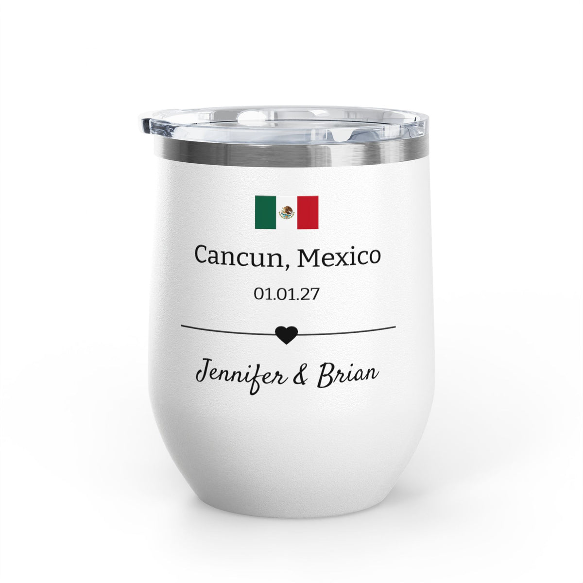 Personalized Destination Wedding Wine Tumbler 12oz, Custom Bride & Groom Cup Wedding Location Flag, Date and Names, Newlywed Gift
