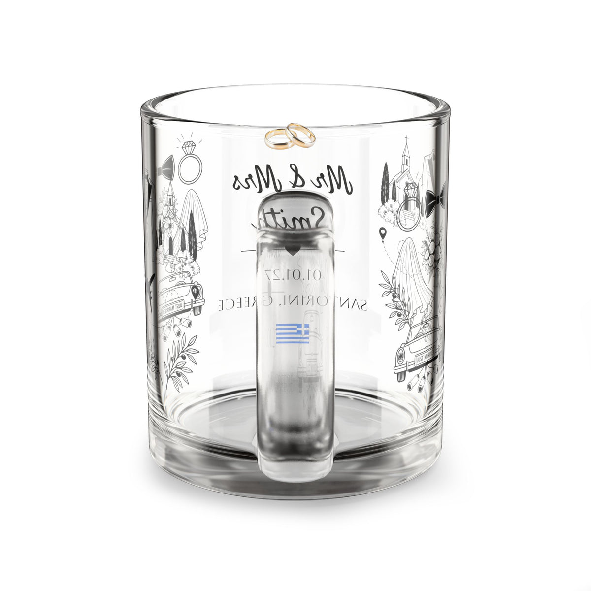 Personalized Destination Wedding Glass Mug 10oz, Custom Mr and Mrs Coffee Cup, Wedding Location Date and Country Flag, Newlywed Gift