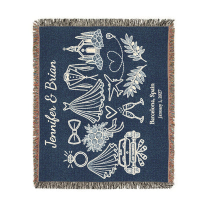 Something Blue Destination Wedding Woven Blanket, Personalized Couple Names, Custom Wedding Date & Location 60x50 Cotton Throw Newlywed Gift