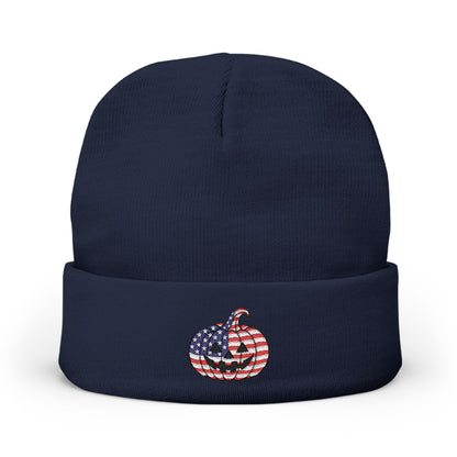 Limited Edition American USA Flag Pumpkin Embroidered Halloween Beanie, Cotton Blend Knit Hat, Patriotic Heritage Halloween Gift