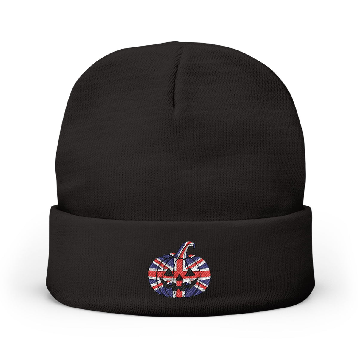 Limited Edition British UK Flag Pumpkin Embroidered Halloween Beanie, Cotton Blend Knit Hat, Union Jack Halloween Gift