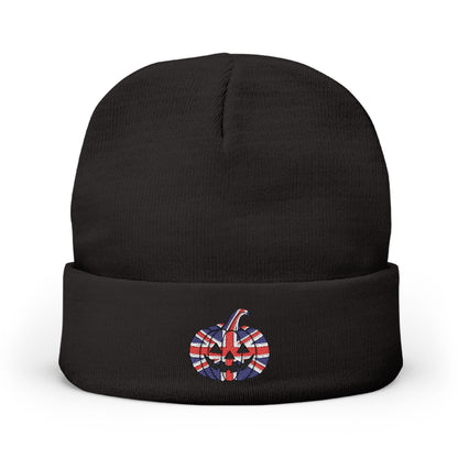 Limited Edition British UK Flag Pumpkin Embroidered Halloween Beanie, Cotton Blend Knit Hat, Union Jack Halloween Gift