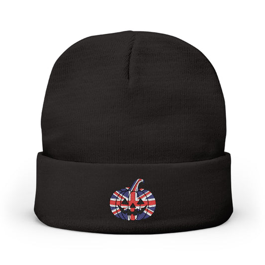 Limited Edition British UK Flag Pumpkin Embroidered Halloween Beanie, Cotton Blend Knit Hat, Union Jack Halloween Gift