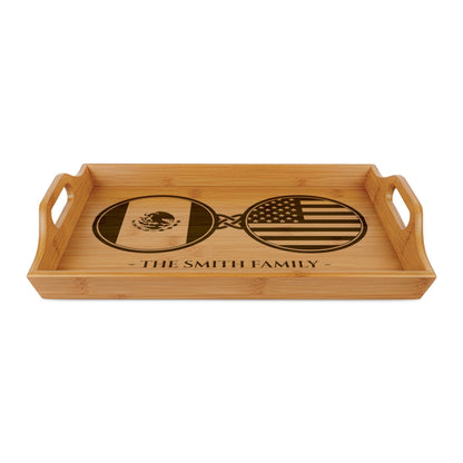 Mexico Mexican American Custom Engraved Bamboo Serving Tray, Personalized Name Wooden Valet Tray, America USA Dual Heritage Ottoman Gift