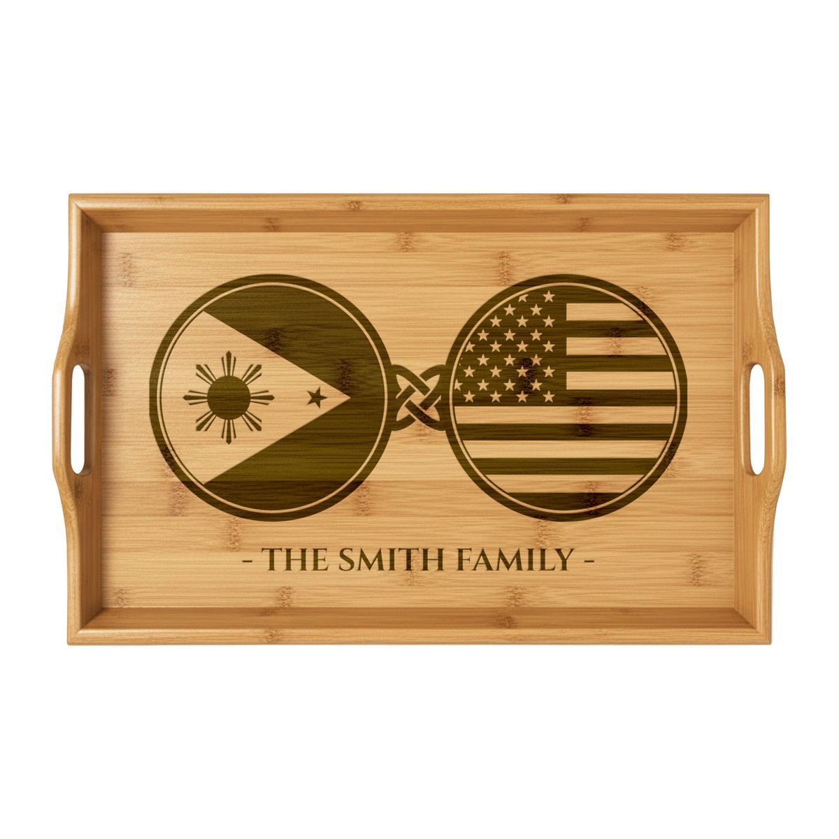 Filipino America Custom Engraved Bamboo Serving Tray, Personalized Name Wooden Valet Tray, Philippines American USA Dual Heritage