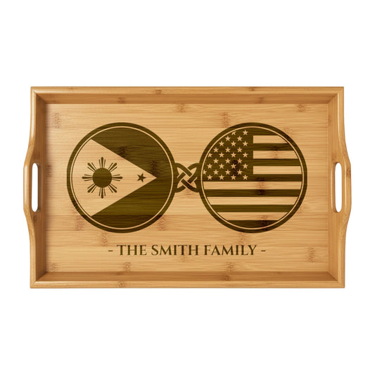 Filipino America Custom Engraved Bamboo Serving Tray, Personalized Name Wooden Valet Tray, Philippines American USA Dual Heritage
