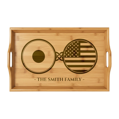 Japan America Nihon Nippon Custom Engraved Bamboo Serving Tray, Personalized Name Wooden Valet Tray, Japanese American USA Dual Heritage