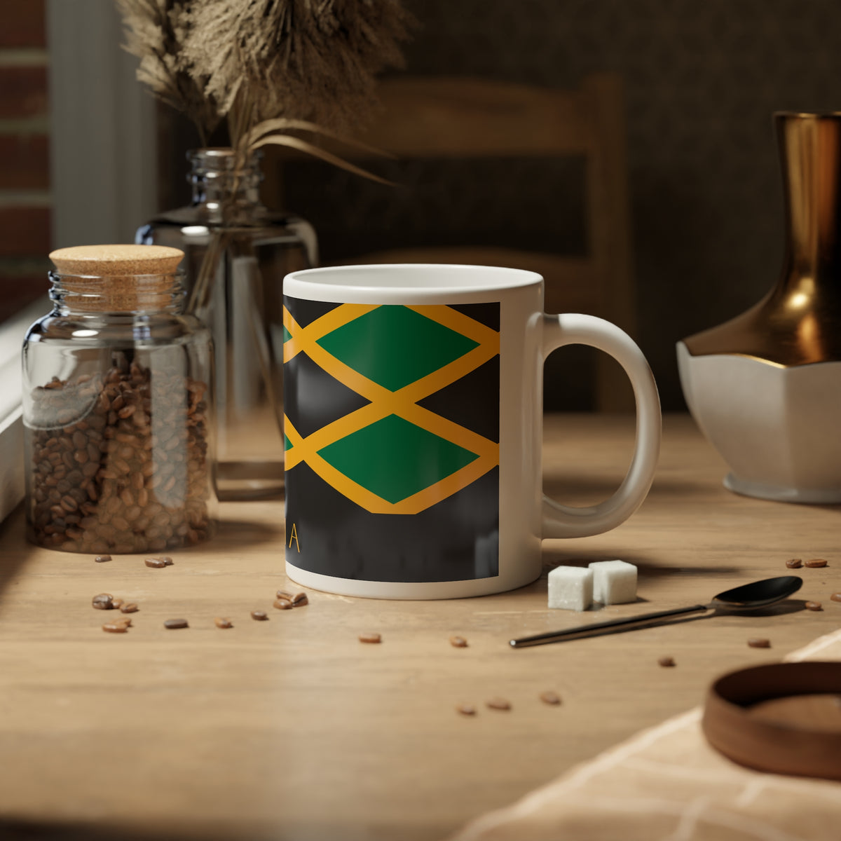 Personalized Jamaica Flag Mug, Custom Jamaican Heritage Coffee Cup, 20oz Ceramic Mug, Black Green Gold Flag Pattern, Jamaica Gift