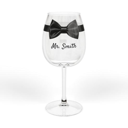 Personalized Destination Wedding Wine Glass for Groom, Custom Mr Glass with Country Flag, 12oz Bow Tie Wedding Stemware, Husband Gift