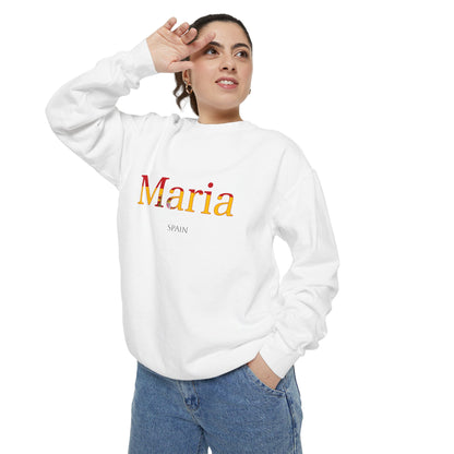 Personalized Spain Flag Name Sweatshirt, Custom Spanish Heritage Crewneck, Garment Dyed Cotton Sweatshirt, Spain Gift