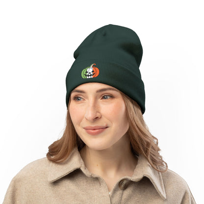 Limited Edition Irish Ireland Flag Pumpkin Embroidered Halloween Beanie, Cotton Blend Knit Hat, Irish Heritage Halloween Gift