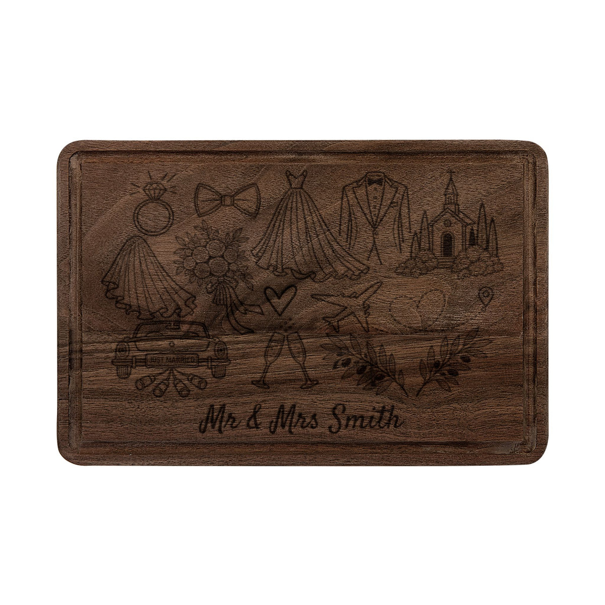 Personalized Destination Wedding Cutting Board, Engraved Mr & Mrs Wood Keepsake (Maple or Walnut)