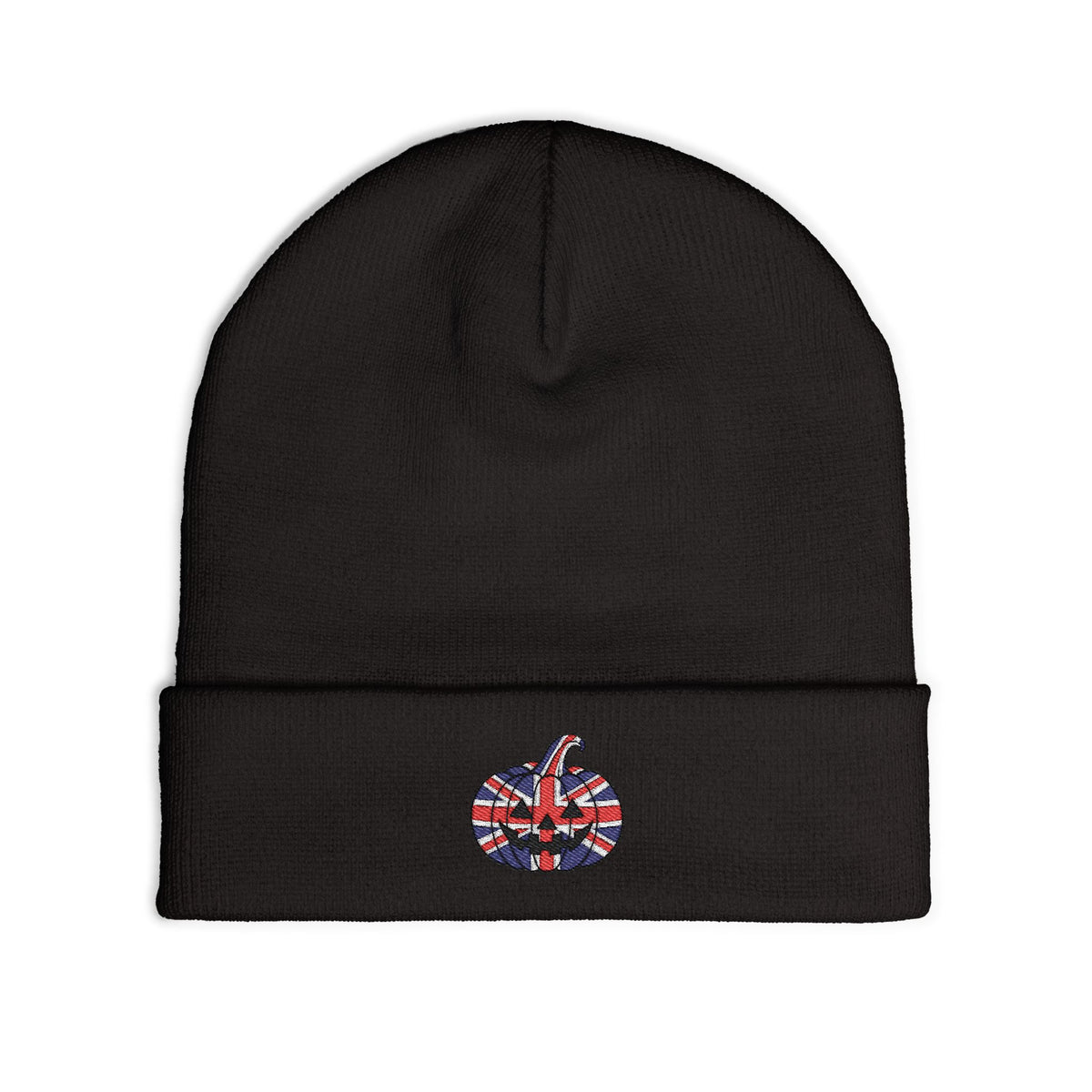 Limited Edition British UK Flag Pumpkin Embroidered Halloween Beanie, Cotton Blend Knit Hat, Union Jack Halloween Gift