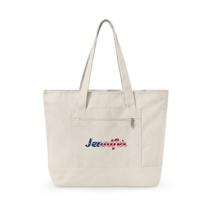 Personalized Your Name in American Flag Letters Canvas Tote Bag, Custom Name USA Flag, Zippered Cotton Bag, Patriotic American Heritage