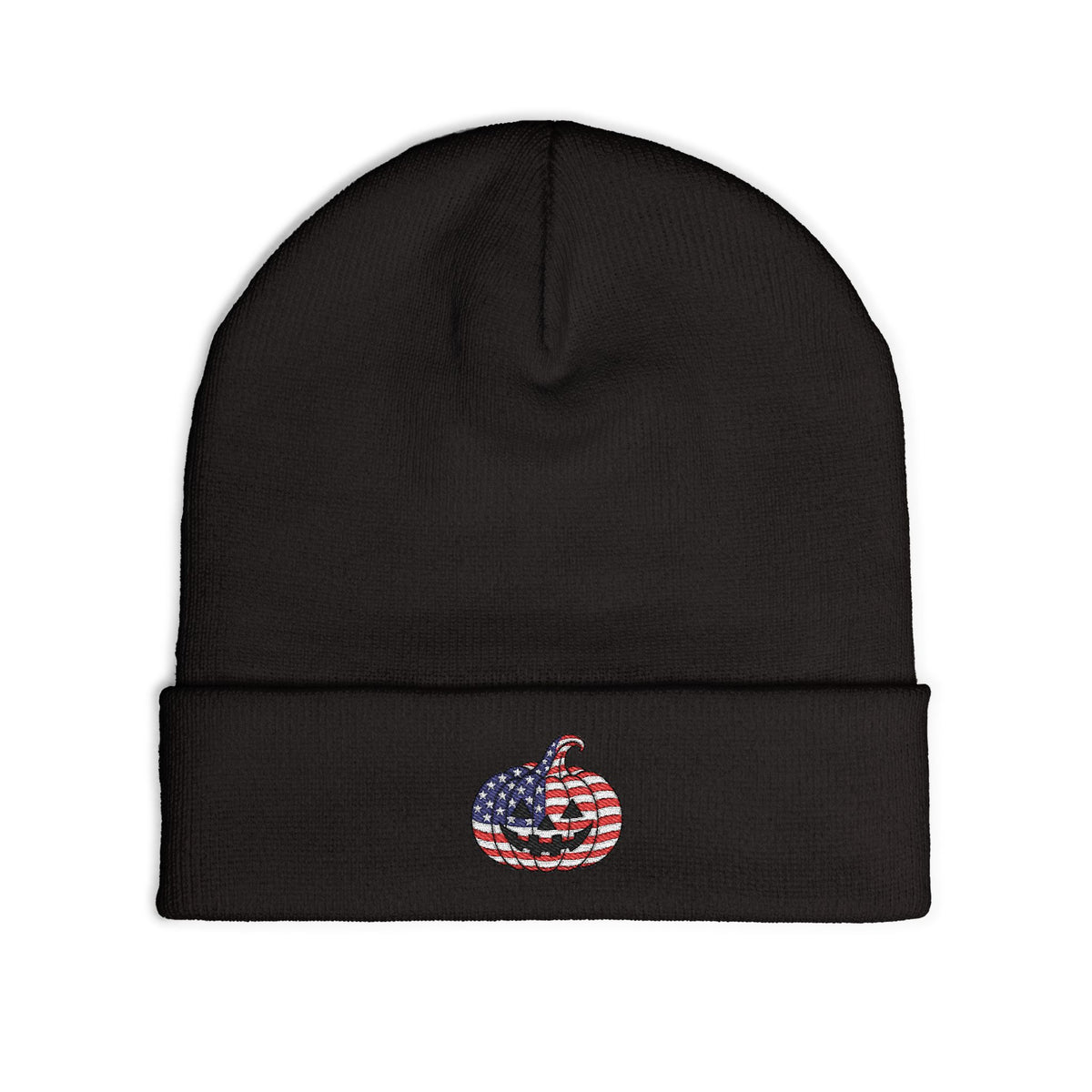 Limited Edition American USA Flag Pumpkin Embroidered Halloween Beanie, Cotton Blend Knit Hat, Patriotic Heritage Halloween Gift