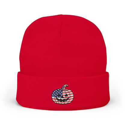 Limited Edition American USA Flag Pumpkin Embroidered Halloween Beanie, Cotton Blend Knit Hat, Patriotic Heritage Halloween Gift