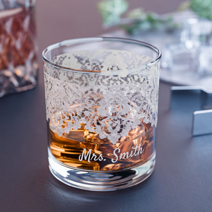 Personalized Destination Wedding Lace Rocks Glass, Custom Mrs Bridal Cocktail Glass, 10oz Wedding Tumbler, Bride Gift, Country Flag Keepsake