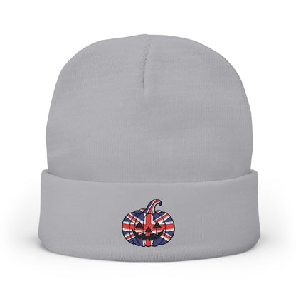 Limited Edition British UK Flag Pumpkin Embroidered Halloween Beanie, Cotton Blend Knit Hat, Union Jack Halloween Gift