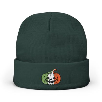 Limited Edition Irish Ireland Flag Pumpkin Embroidered Halloween Beanie, Cotton Blend Knit Hat, Irish Heritage Halloween Gift