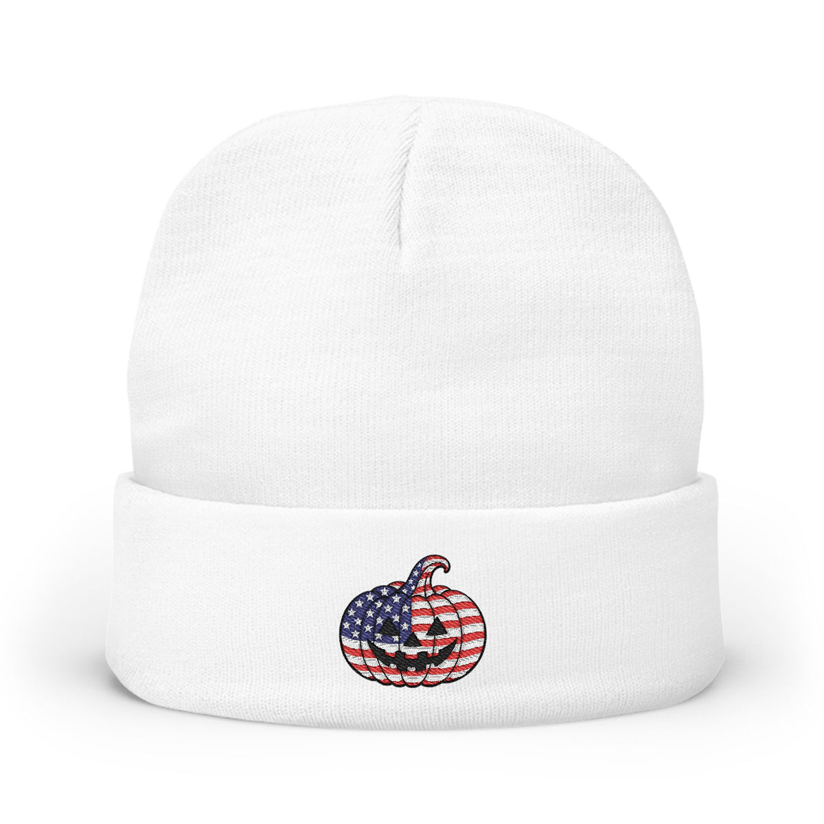 Limited Edition American USA Flag Pumpkin Embroidered Halloween Beanie, Cotton Blend Knit Hat, Patriotic Heritage Halloween Gift