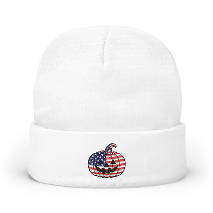Limited Edition American USA Flag Pumpkin Embroidered Halloween Beanie, Cotton Blend Knit Hat, Patriotic Heritage Halloween Gift