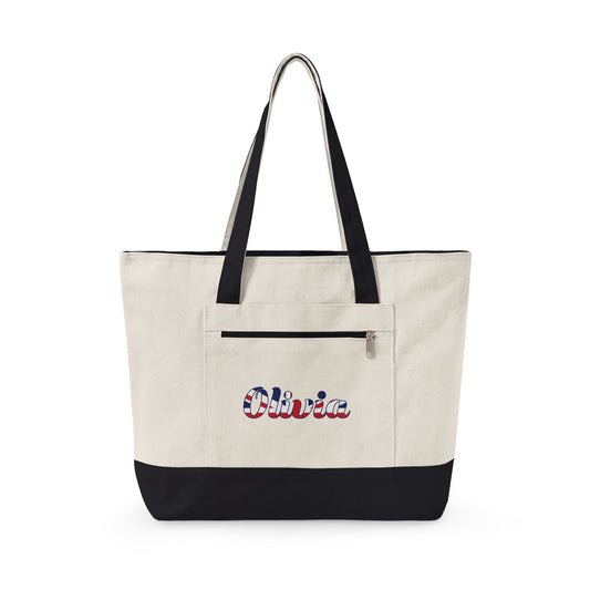 Personalized Your Name in British Flag Letters Canvas Tote Bag, Custom Union Jack Zippered Tote, UK Heritage Gift