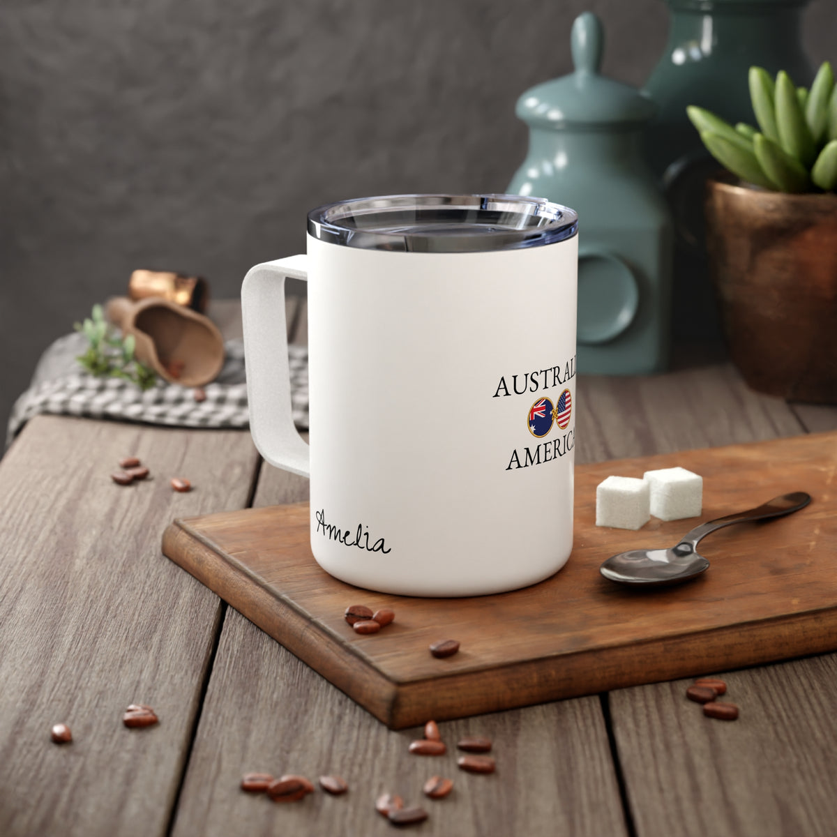 Australian American Personalized Name Insulated Coffee Mug, Custom Travel Tumbler, Australia USA Dual Heritage Naturalization Citizen Gift - Proud & Loyal
