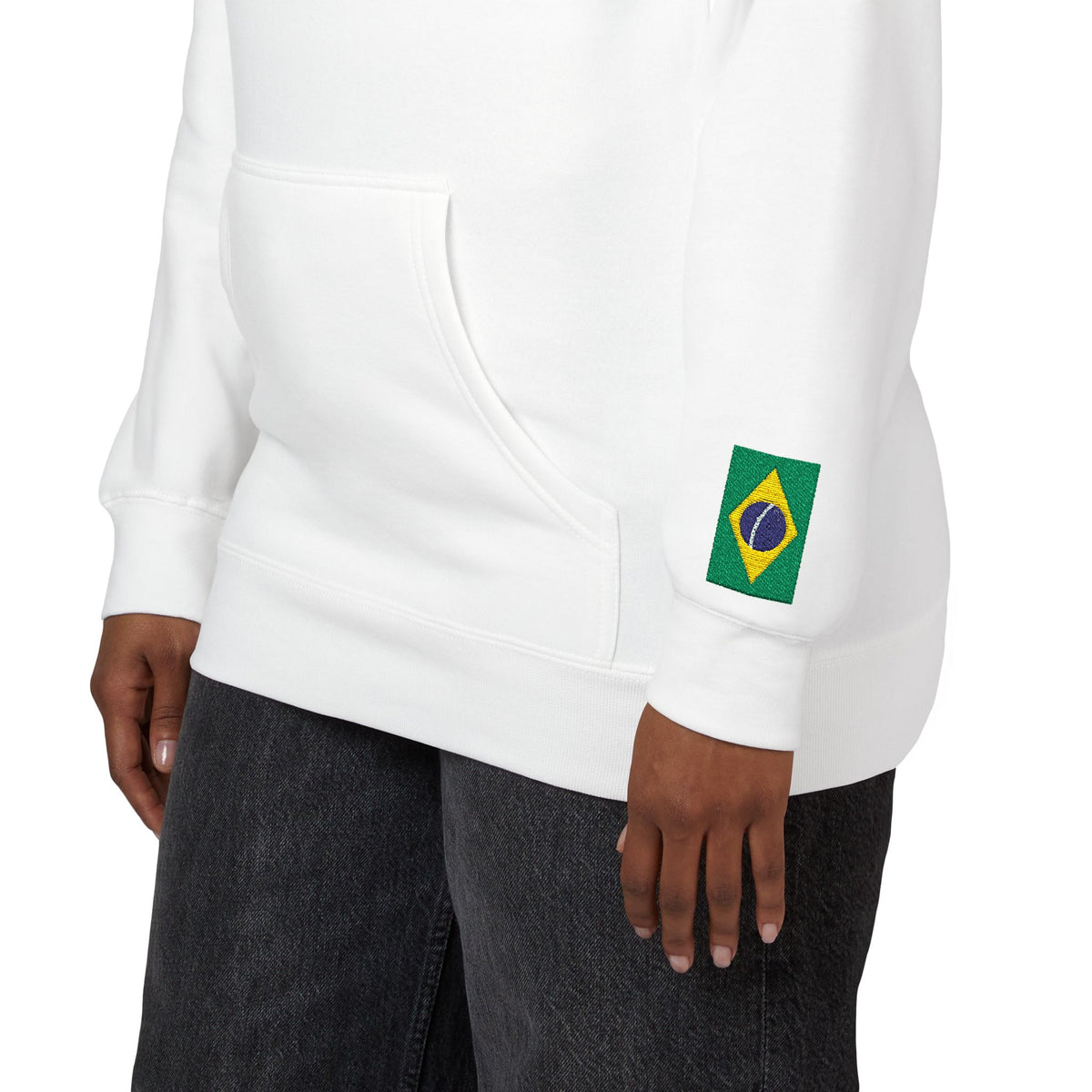 Brazilian American Flag Fleece Hoodie | Brazil USA Dual Heritage Naturalization Gift | Personalized Initials | Embroidered Sleeve Flags - Proud & Loyal