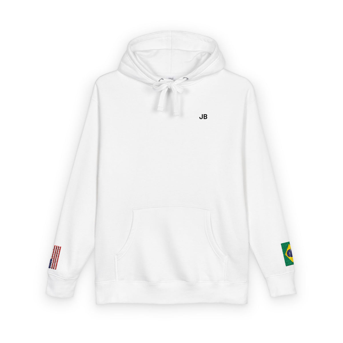 Brazilian American Flag Fleece Hoodie | Brazil USA Dual Heritage Naturalization Gift | Personalized Initials | Embroidered Sleeve Flags - Proud & Loyal